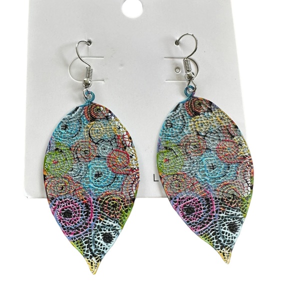 Colorful Circle of Flowers Leaf Shape Drop Earrings - Picture 2 of 7